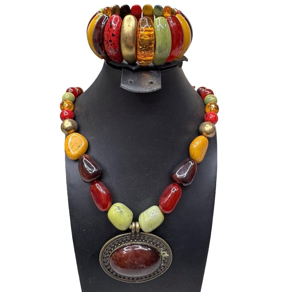 Chunky Boho Multicolor Resin Plastic Bead Stretch Bracelet Necklace Set Pendant
